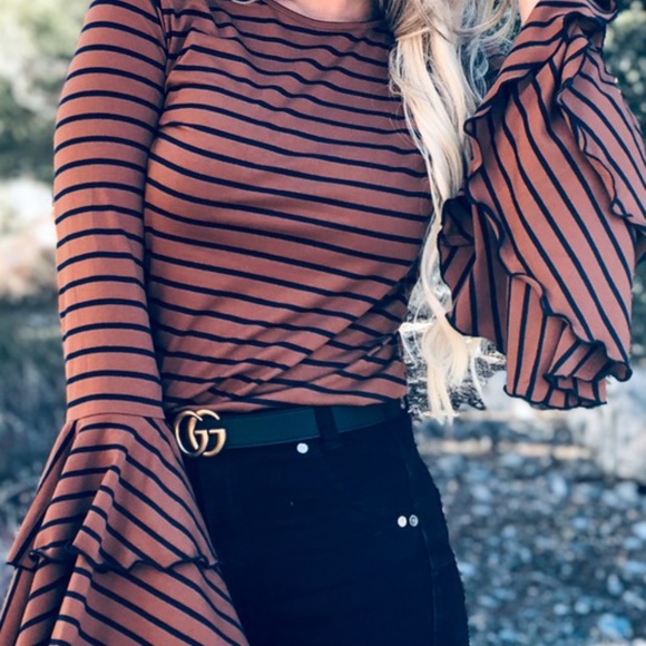 044 Boho Stripes Bell Sleeve Ruffle Top - Picture 6 of 9